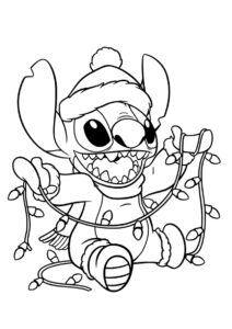 Бесплатная раскраска Стич с новогодней гирляндой распечатать и скачать - Лило и Стич