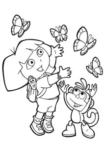 Даша-путешественница распечатать раскраску - Даша и Башмачок ловят бабочек