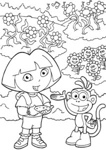 Даша и Башмачок на поле (Даша-путешественница) бесплатная раскраска на печать