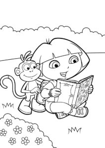 Даша и Башмачок читают книгу распечатать раскраску - Даша-путешественница
