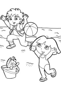 Даша и Диего играют в мяч разукрашка скачать и распечатать - Даша-путешественница