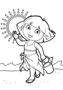 Даша с ведерком на пляже (Даша-путешественница) распечатать разукрашку