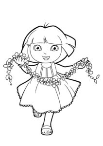 Даша-путешественница бесплатная раскраска распечатать на А4 - Даша с цветочной гирляндой