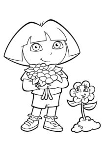 Даша-путешественница с букетом (Даша-путешественница) бесплатная раскраска