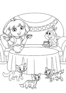 Раскраска Чаепитие с Дашей-путешественницей распечатать на А4 - Даша-путешественница