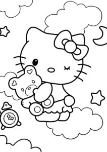 Hello Kitty бесплатная раскраска - Китти с плюшевым мишкой
