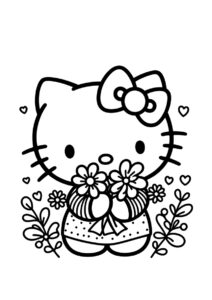 Hello Kitty распечатать раскраску - Кошечка с маргаритками