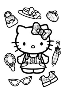 Хелло Китти с аксессуарами - Hello Kitty распечатать раскраску на А4