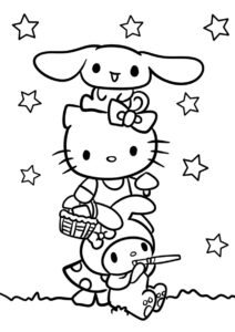 Бесплатная раскраска Хеллоу Китти в компании друзей распечатать на А4 - Hello Kitty
