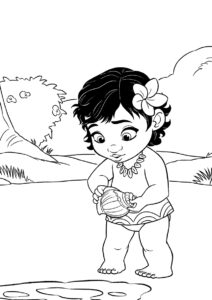 Моана распечатать раскраску - Малышка Моана на берегу