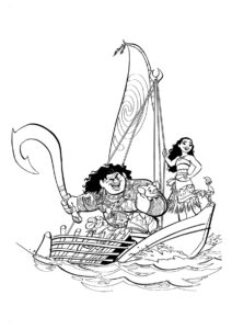 Моана и Мауи в лодке распечатать раскраску - Моана