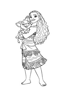 Моана с поросёнком на руках бесплатная раскраска - Моана
