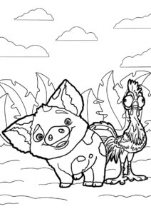 Моана распечатать раскраску на А4 - Пуа и Хей-Хей