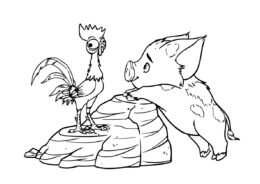 Моана распечатать раскраску на А4 - Хей-Хей и Пуа на прогулке