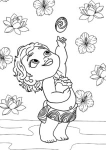 Моана бесплатная раскраска распечатать на А4 - Юная Моана играется с сердцем Ти Фити