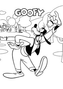 Бесплатная раскраска Гуфи на фоне базы распечатать на А4 и скачать - Микки Маус