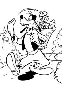 Микки Маус бесплатная раскраска распечатать на А4 - Гуфи с корзинкой