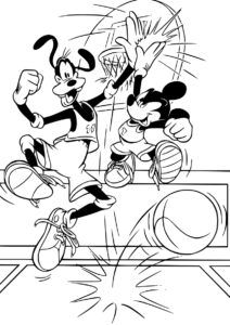 Микки и Гуфи играют в баскетбол (Микки Маус) распечатать бесплатную раскраску