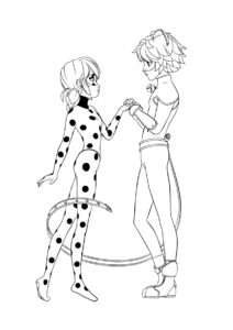 Леди Баг и Супер-кот держатся за руки разукрашка скачать и распечатать - Леди Баг и Супер-кот