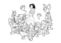 Разукрашка Концерт семи гномов распечатать на А4 - Белоснежка