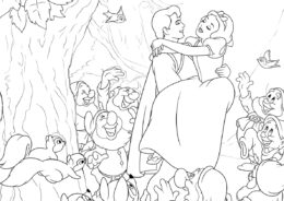 Разукрашка Принц и Белоснежка среди гномов распечатать на А4 и скачать - Белоснежка