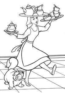Разукрашка Золушка в роли официантки распечатать на А4 - Золушка