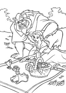 Бесплатная раскраска Красавица и Чудовище на пикнике распечатать на А4 и скачать - Белль