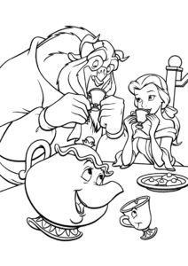 Бесплатная раскраска Красавица и Чудовище пьют чай - Белль