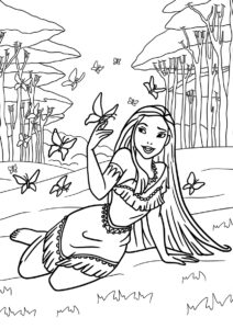 Покахонтас и бабочки распечатать разукрашку бесплатно - Покахонтас