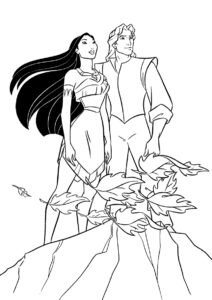 Бесплатная разукрашка для печати и скачивания Покахонтас и Джон на вершине горы - Покахонтас