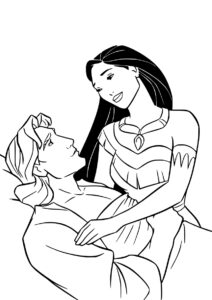 Покахонтас бесплатная разукрашка - Покахонтас и раненый Джон Смит