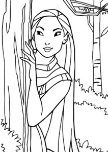 Покахонтас прячется за деревом раскраска распечатать на А4 - Покахонтас