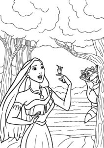 Разукрашка Покахонтас, Мико и Флит распечатать на А4 - Покахонтас