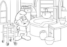 Бесплатная разукрашка для печати и скачивания Лаборатория Папы Смурфа - Смурфики