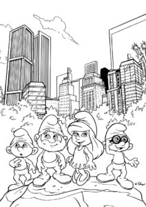 Бесплатная раскраска Смурфики в большом городе распечатать и скачать - Смурфики