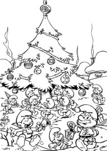 Смурфики около Рождественской ёлки (Смурфики) раскраска для печати и загрузки