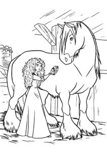 Бесплатная раскраска Мерида ухаживает за конём - Мерида