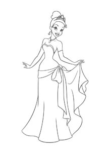Принцесса Тиана в вечернем платье - Тиана распечатать раскраску на А4