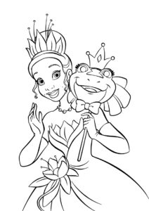 Принцесса Тиана с маской лягушки раскраска распечатать и скачать - Тиана