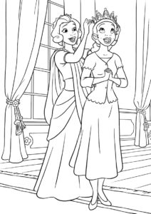 Распечатать раскраску Тиана примеряет диадему - Тиана