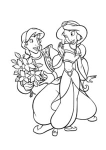 Жасмин распечатать раскраску - Аладдин с букетом цветов