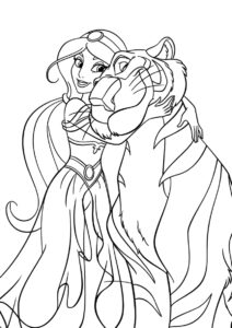 Бесплатная раскраска Жасмин с любимым питомцем распечатать и скачать - Жасмин