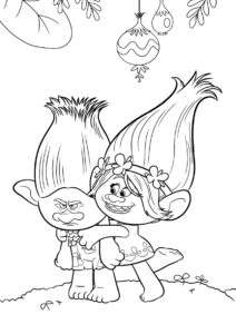 Тролли распечатать раскраску - Растроенный Цветан и Розочка