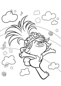 Бесплатная разукрашка для печати и скачивания Розочка витает в облаках - Тролли