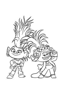 Тролли бесплатная раскраска - Розочка и Барб на сцене