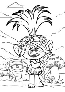 Бесплатная раскраска Розочка среди грибов распечатать на А4 и скачать - Тролли