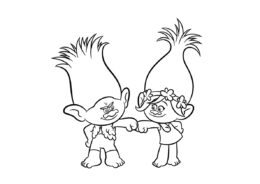 Тролли распечатать раскраску - Цветан и Розочка