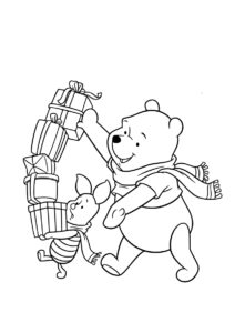 Раскраска Винни и Хрюня с рождественскими подарками распечатать на А4 - Винни Пух