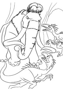 Ледниковый период распечатать раскраску - Мэнни борется с рапторами