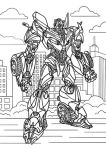 Бесплатная раскраска Бамблби в центре города распечатать на А4 - Трансформеры